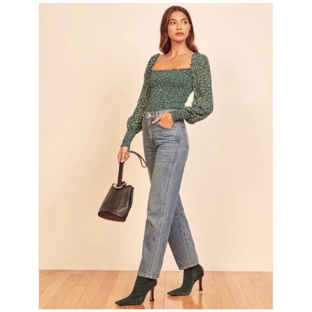 Reformation Green Floral Smocked Crop Top Long Sleeve Off Shoulder Size M